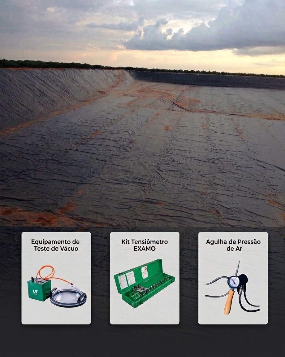 Equipamentos de ensaio de solda em geomembrana PEAD em obra