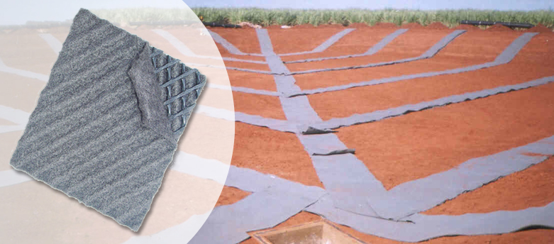 Geocomposto drenante instalado em faixas estratégicas no terreno