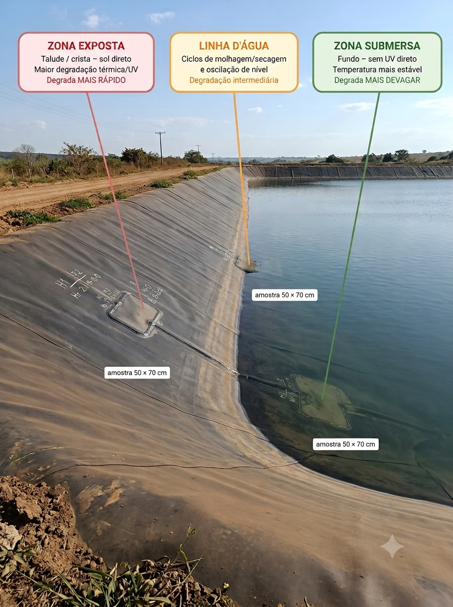 Foto de talude de lagoa revestida com geomembrana de PEAD, com as três zonas identificadas — exposta (talude ao sol), linha d'água e submersa (fundo) — e amostras testemunha de 60x100 cm marcadas na geomembrana.
